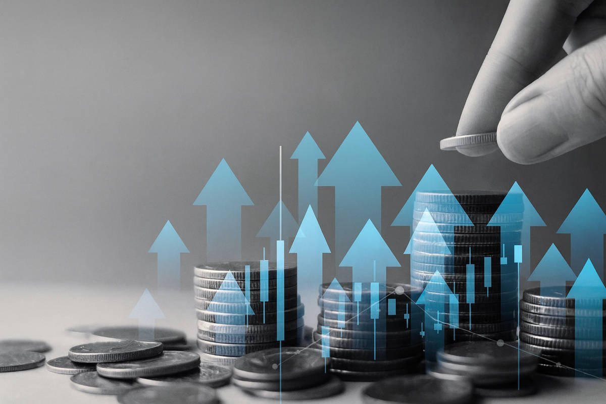 Blockchain e mediazione creditizia con monete, frecce di crescita e innovazione digitale