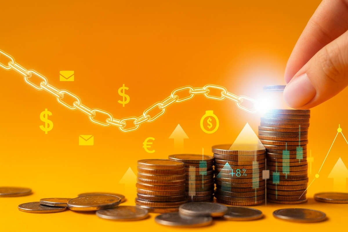 Mano femminile che impila monete con simboli digitali su sfondo arancione per illustrare cos’è la blockchain