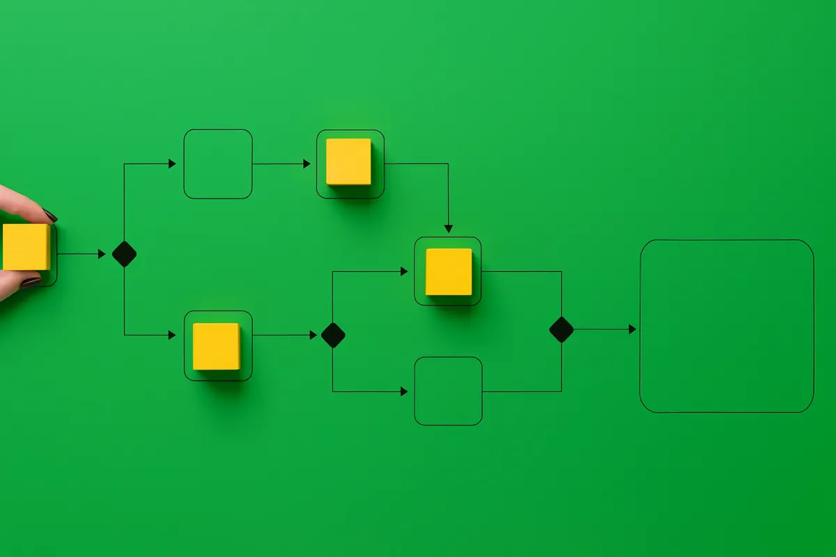 Algoritmi che assicurano: flowchart su sfondo verde con cubi gialli e mano femminile che posiziona un elemento.