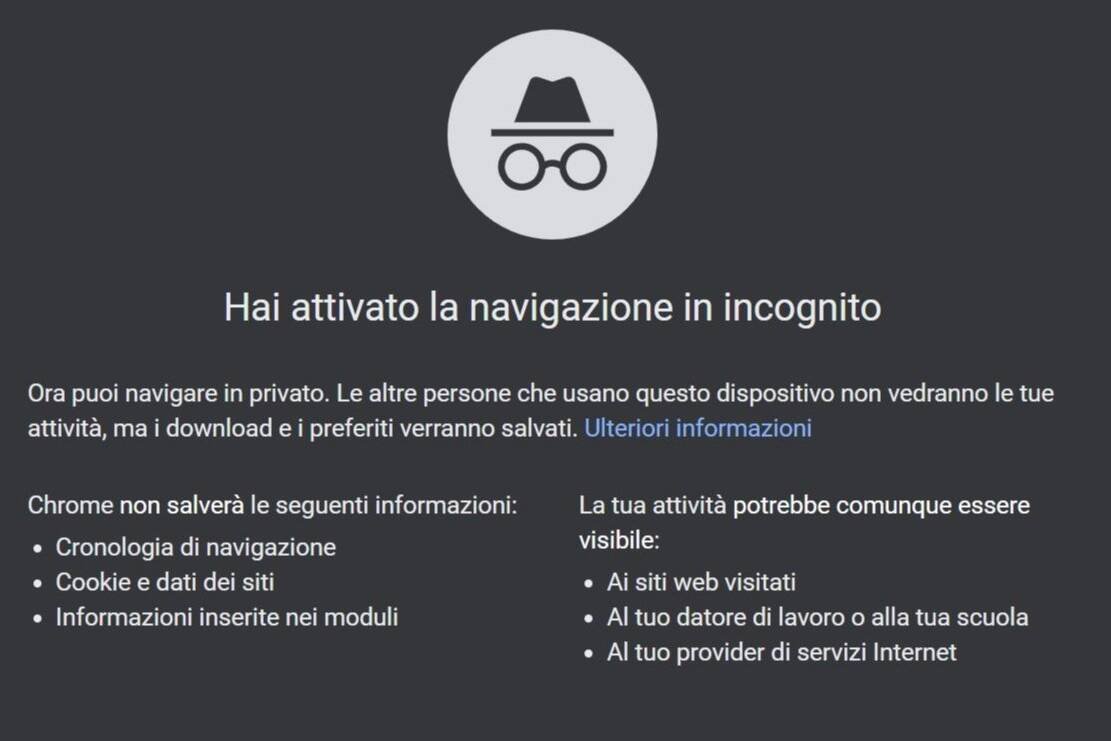 Navigazione in incognito su Google Chrome con messaggio informativo sulla privacy.